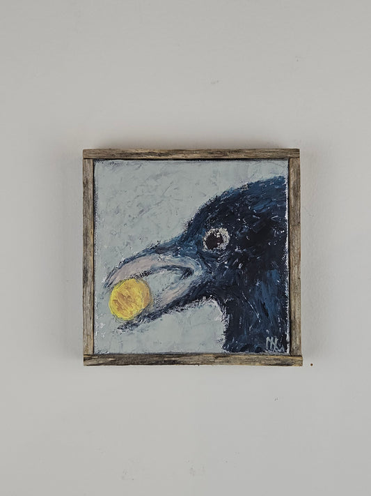 Nancy Nicol - Crow with Berry - 6"x6" Oil Painting