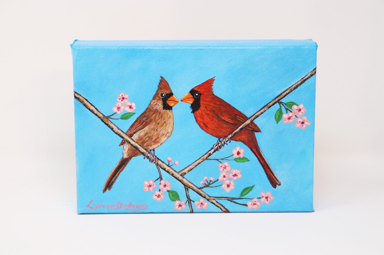 Lynne Delaney - "Cardinals in Love" - 5 X 7 Acrylic Painting
